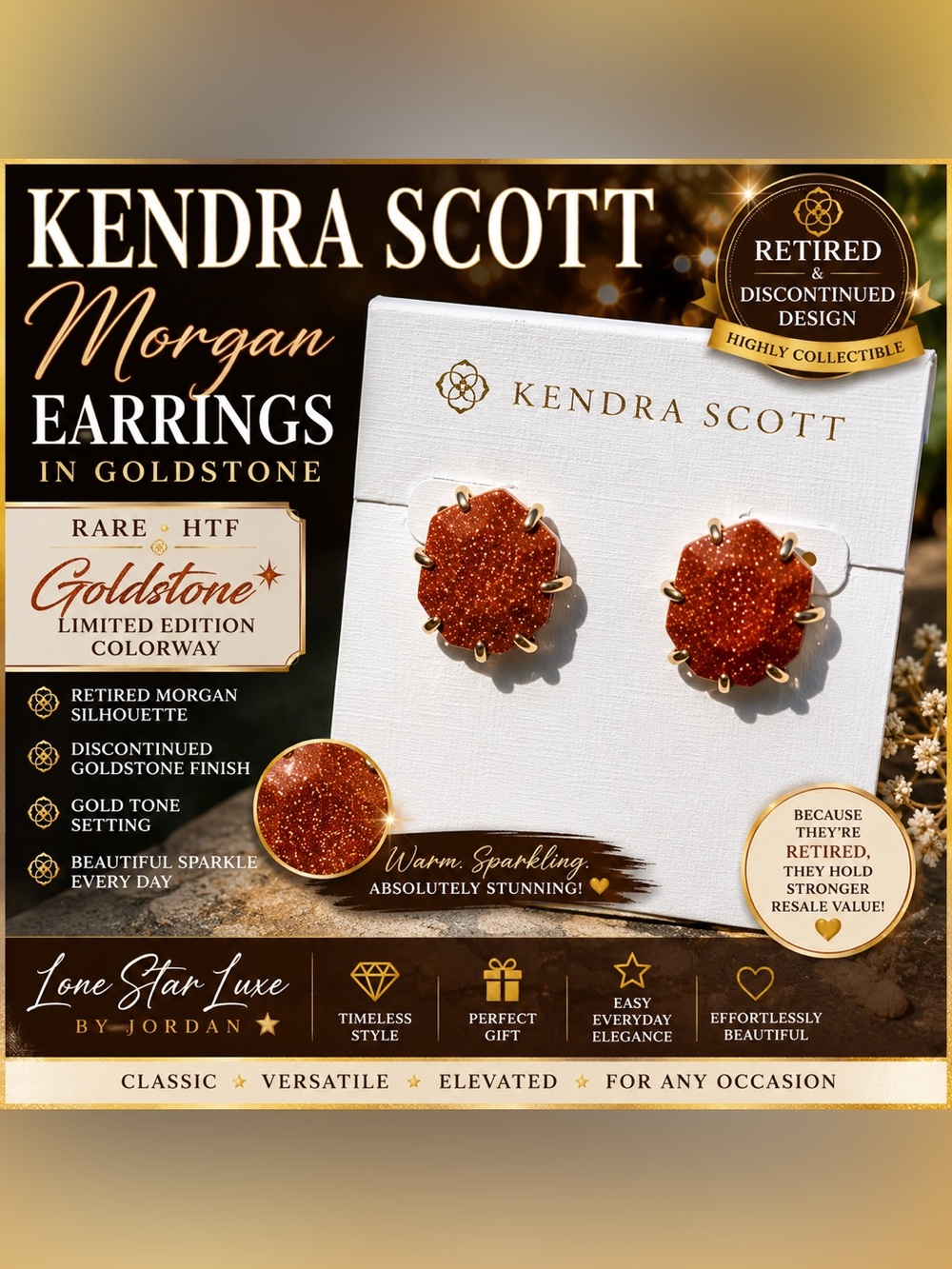 Retired Kendra Scott Morgan Studs Goldstone Gold Tone HTF Rare Discontinued